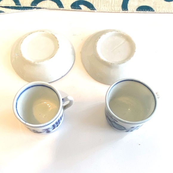 Antique Blue Onion Flow Blue Miniature Pair Porcelain Tea Cup & Saucer Set - Picture 8 of 8
